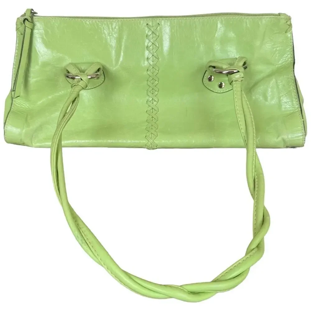 Peck & Peck Womens Satchel Handbag Green Leather Dual Handle Inner Pockets Zip